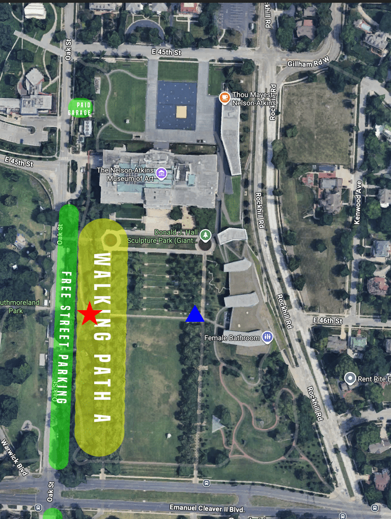 Annotated satellite map of the Nelson-Atkins grounds in Kansas City marking the proposal spot, family hiding spot, and Oak Street parking